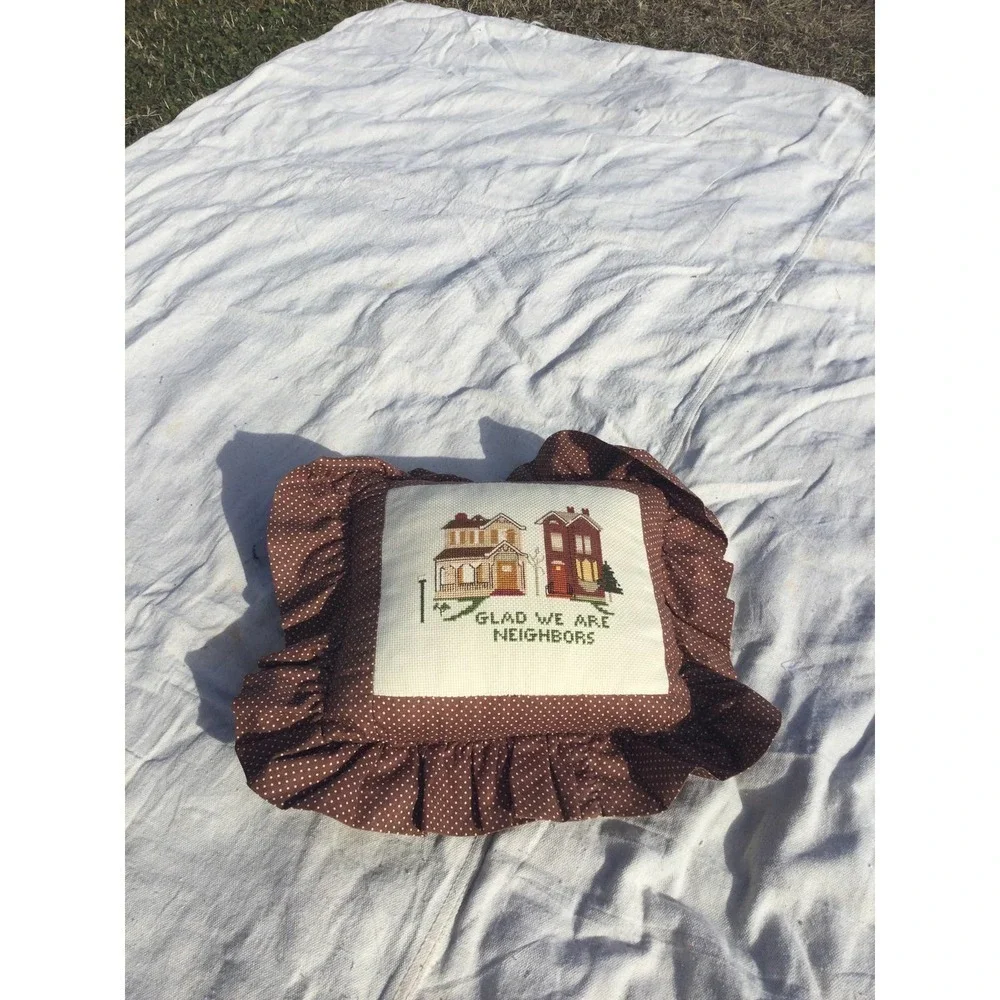 Vintage cross stitch pillow embroidery cross-stitch brown ditsy floral neighbors